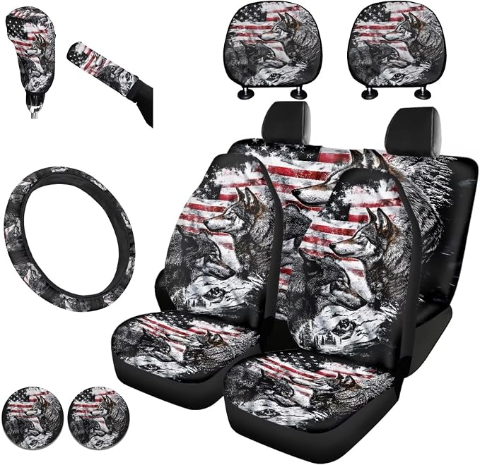 KEIAHUAN American Flag Wolf Car Seat Cover Full Set Includes Front and Back Seats Protectors Covers Handbrake and Gear Shift Cover Cup Holder Car Headrest Covers Steering Wheel Cover