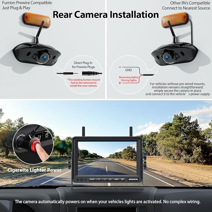 ZEROXCLUB 1080P 7" Wireless RV Backup Camera System, Compatible with Furrion Pre-Wired RV Truck Trailer, DVR Monitor & IR Night Vision Rear View Camera, IP69 Waterproof, Adjustable Parkinglines, BW7M