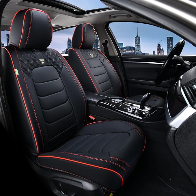 FLORICH Seat Covers Full Set,Leather Seat Covers, Front and Rear Seats Cover 5 Seats, Waterproof Car Seat Cushion Protector Accessories for Sedan SUV Pick-up Truck(Black&Red line, Full Set)