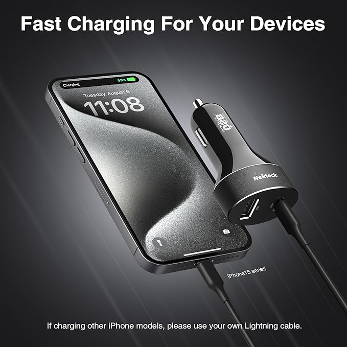 Nekteck USB-C Car Charger, 45W 2-Port USB-C Fast Charger [USB-IF Certified], PD 3.0 & QC 3.0 Output, Compatible with iPhone 17/16 Series, Galaxy S Series, MacBook Pro, and More (3.3ft Cable Included)