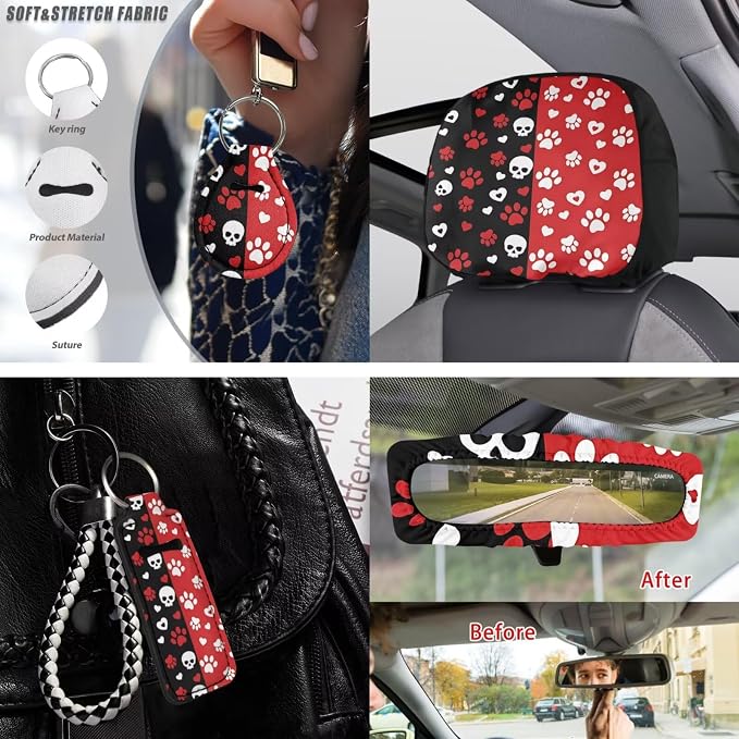 Dog Paw Print Car Seat Cover Sets Full Set Skull Love Print Front and Rear Car Seat Covers Steering Wheel Cover Safety Belt Pads Headrest Protectors Center Console Pad Keychain