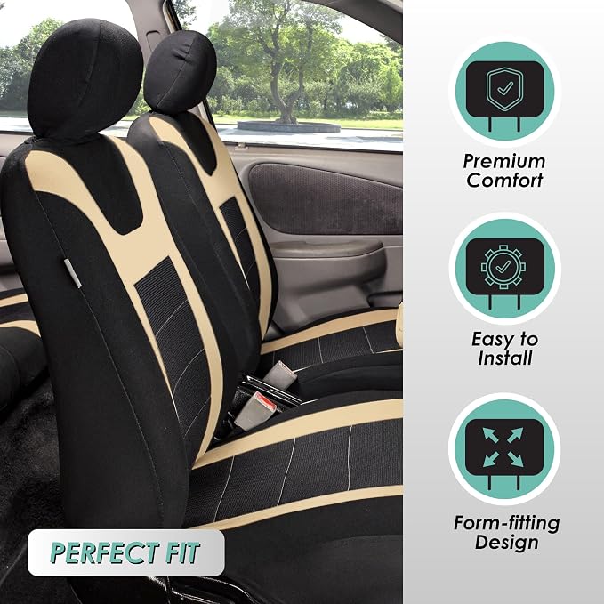 FH Group Car Seat Covers Universal Fit Full Set Interior Accessories, Sports Beige Seat Covers with Airbag and Split Rear Automotive Combo Vinyl Floor Mats Seat Covers for Cars Vans Trucks and SUV