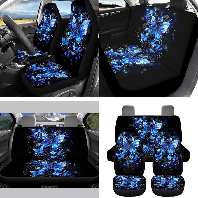 Blue Butterfly Car Seat Covers Full Set for Women Cute Car Accessories Interior Car Steering Wheel Cover Seatbelt Covers Trash Bin Rear View Mirror Cover Cup Holders Keychain