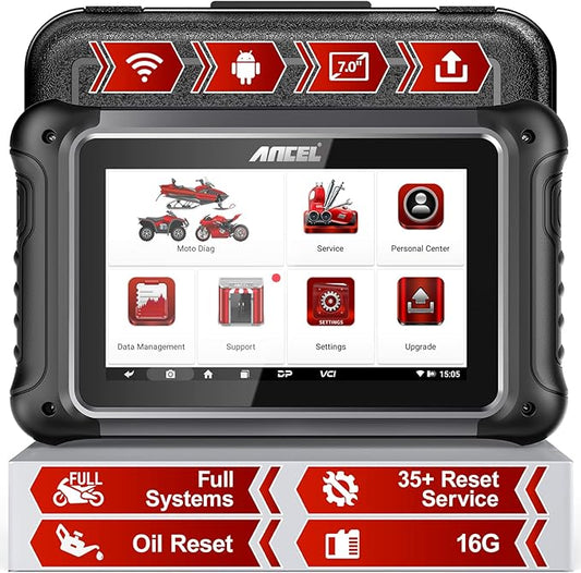 ANCEL MT700 Motorcycle OBD2 Scanner Full Systems, ABS Transmission Diagnostic Tool with 35+ Reset Functions for Aprilia/Benelli/MMW/BRP/Ducati/Harley/Honda/Indian/Suzuki,Android, 7” Touch Screen, 16GB