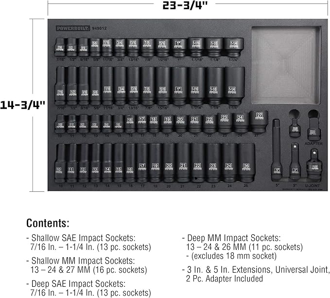 Powerbuilt Master 63 Piece 1/2-Inch Drive Impact Socket Set, Extensions, Metric&SAE Deep/Standard Impact Socket, Universal Joint and Adapter, Cr-Mo Steel, EVAs torage Tray - 949012
