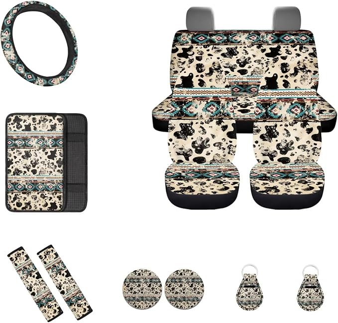 Western Aztec Cow Automotive Seat Cover Full Set Car Protection Accessory,Comfy Elastic Front Rear Bench Seat Cover for Most Vehicle,Steering Wheel Cover,Cow Keychain,Coaster,Seat Belt,Armrest