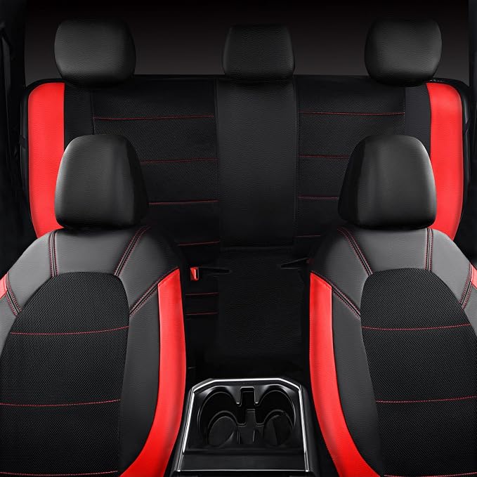 CAR PASS Faux Leather Car Seat Covers Full Sets, Steering Wheel Cover 14.5-15inch and Waterproof Car Floor Mats,Universal Fit SUV Sedan Van Truck, Automotive Car Interior Sets(Black＆Red)