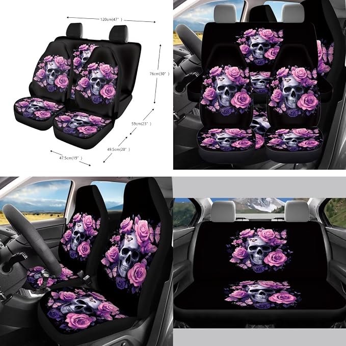 Skull Rose Pink Print 10 Pack Car Seat Covers Set Wear-Resistan Front Rear Seat Covers, Steering Wheel Cover, Air Vent Storage, Garbage Can, Cup Coaster, Keychain for SUV Truck