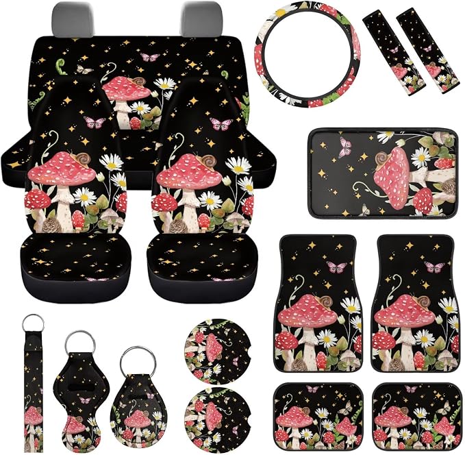Butterfly Car Seat Covers Full Set of 17 Pcs Mushroom Car Accessories with Steering Wheel Auto Covers,Steering Wheel Car Covers,Seat Belt Pads,Armrest Pad,Butterfly Car Floor Mats Set of 4