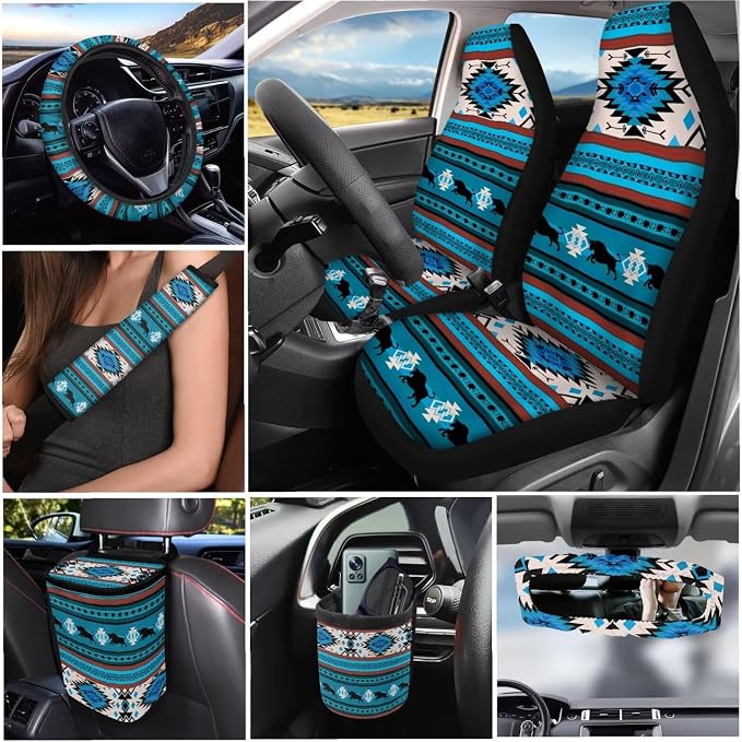 XYZCANDO Ethnic Patterns Auto Seat Cover Sets 15 PCS Car Seat Cover Set Steering Wheel Cover Seat Belt Pads Cover Storage Box Garbage Bag Car Rear View Mirror Cover Coasters Keychain Fit Most Cars
