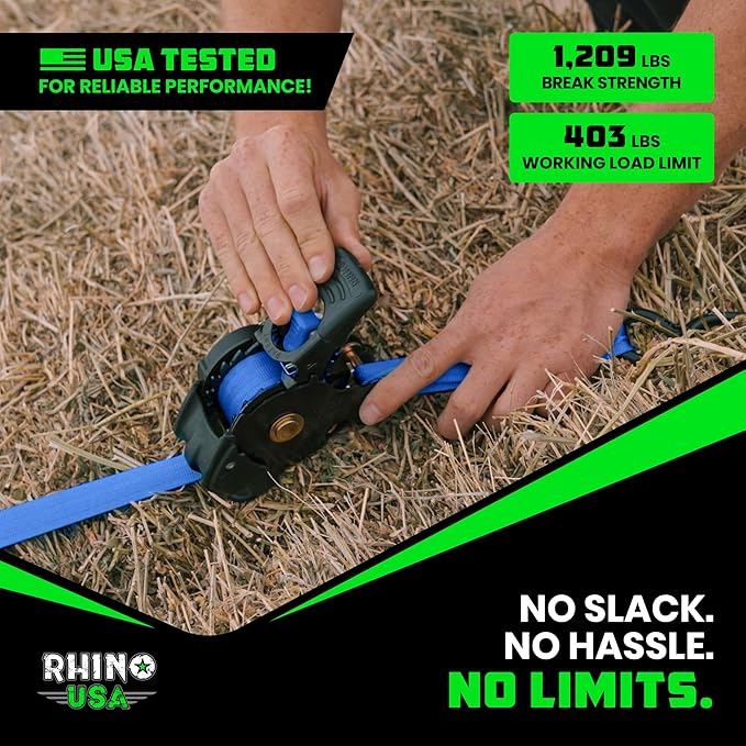 Rhino USA Retractable Ratchet Straps (4-Pack) - 1 Inch x 10 Feet (1,209lb Break Strength) - Auto Self Retracting Tie Down Straps for Truck, Cargo Trailer, Motorcycle, ATV, UTV - Blue
