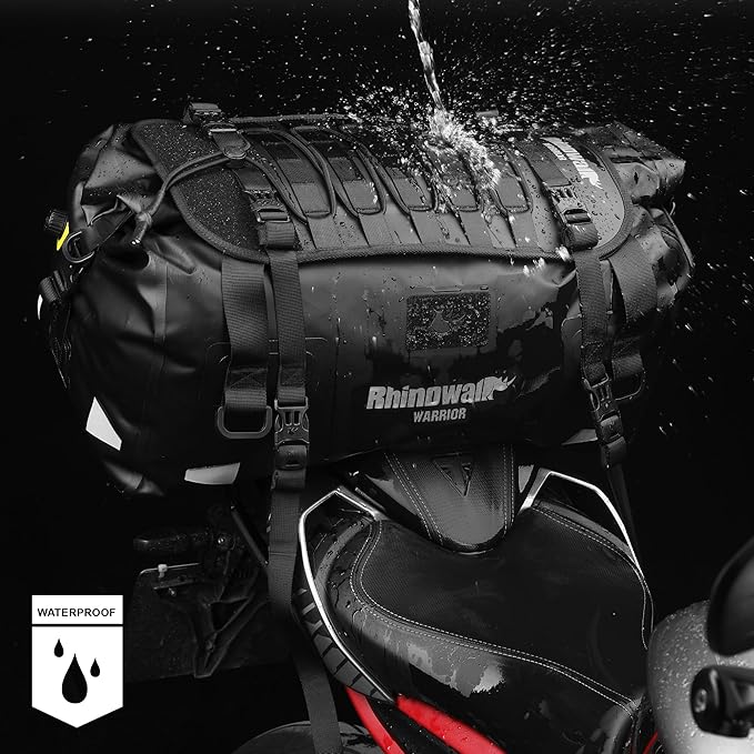 Rhinowalk Motorcycle Tail Bag 65L Waterproof Duffle Dry Bag Motorcycle Travel Luggage with Large Storage Space for Camping, Boating, Bycycle, Motorbike-Black