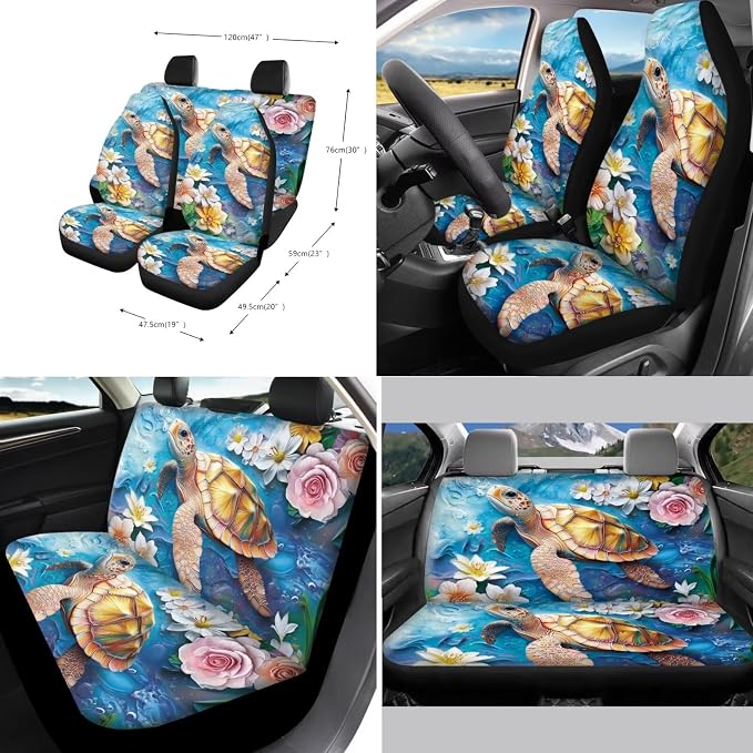 Suobstales Turtle Flower Print Car Accessories Car Seat Covers Full Set with Steering Wheel Cover + Seat Belt Covers Shoulder Pads + Coasters + Keychains Interior Cover Set of 11