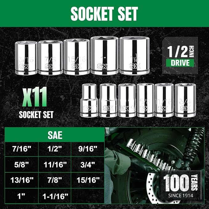 SK 1/2" Drive Socket Set, SAE Sockets, 11-Piece 7/16" to 1-1/16", SuperKrome Finish, Premium CR-V Construction, with Aluminum Socket Organizer