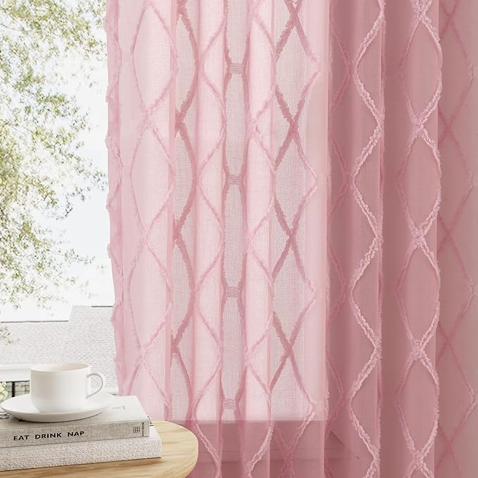 Pink Sheer Curtains 72 Inches Long for Baby Girls Bedroom 2 Panels Light Filtering Semi-Sheer Curtain for Nursery Kids Bedroom Back Tab Rod Pocket Geometric Pattern Pom Pom Short Window Drapes 52x72