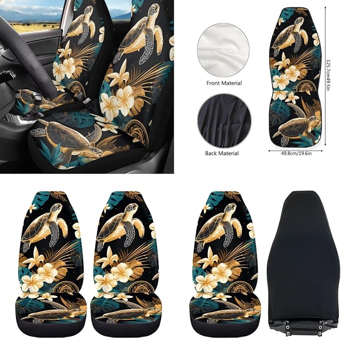 Howilath Sea Turtle Boho Floral Car Front Seat Covers Set Anti-Slip Auto Accessories with Keychain/Seatbelt Pads/Steering Wheel Cover/Armrest Cushion/Coasters, Easy to Install