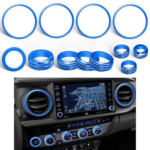 for Toyota Tacoma Accessories 2023 2022 2021 2020 with 8" or 7" Touchscreens Knob Covers - AC Vent Ring Button Knob Covers for Air Conditioner Volume Mirror Push Start Stop Button Trim 12Pcs (Blue)