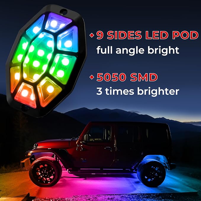 12 Pods 9 Sides RGB Rock Lights, App/2 Remote Control Led Underglow Lights Compatible with 12V Trucks Jeep UTV ATV Golf Cart, Brake Signal, Waterproof, Music Mode, Plug and Play, Multi-Color(Patented)