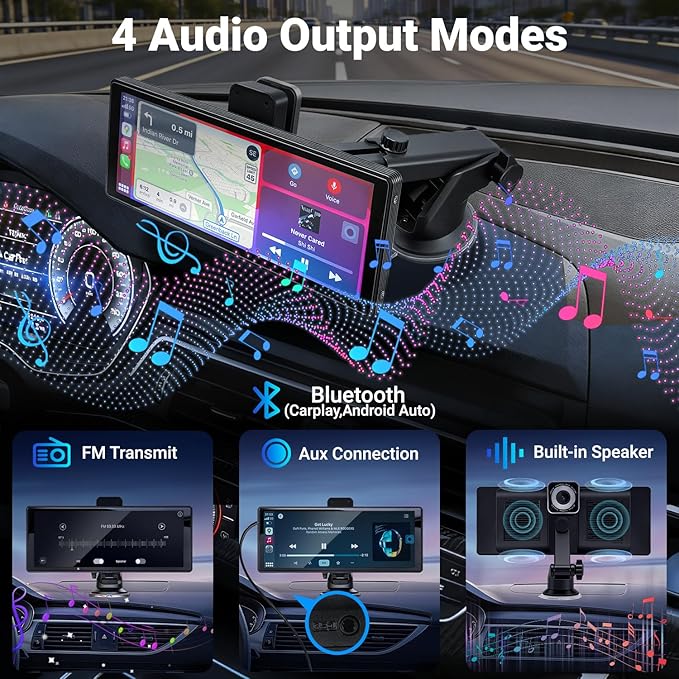 Wireless Carplay Screen for Car 10.26" Portable Touchscreen Car Stereo for Apple Carplay & Android Auto with 4K 360 Rotation Dash Cam & 1080P Backup Camera, Mirror Link, Siri, GPS Navigation, FM