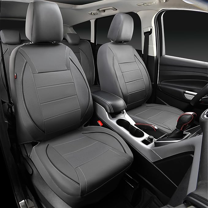 CAR PASS Piping Faux Leather Car Seat Cover Full Set,Grey Breathable Leather Seat Covers for Cars, Airbag Compatible,Universal Fit for SUVs,Van,Sedans,Small Trucks (Full Set, All Gray)