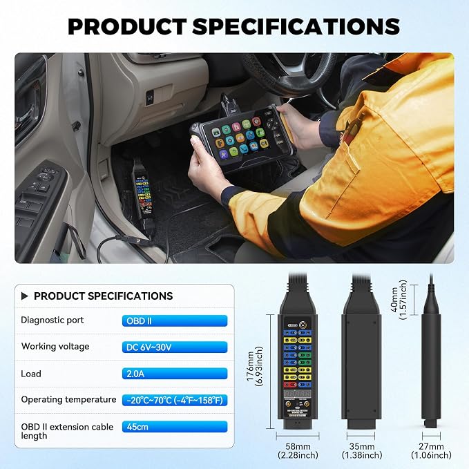 OBD2 Breakout Box, 120Ω Resistor DC 12V/24V Premium Automotive Diagnostics OBDII Protocol Detector for Communication/Power/Ground Detection/ECU Testing, W/Voltage Display,Universal Wire Jumper & Clips
