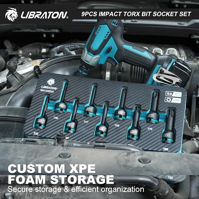 LIBRATON Impact Torx Bit Socket Set, 1/2" Drive, S2 Steel, 9PCS Impact Star Bit Socket Set (T30-T80), High Impact Torx Sockets, XPE Storage, Professional Mechanic and Automotive Repair
