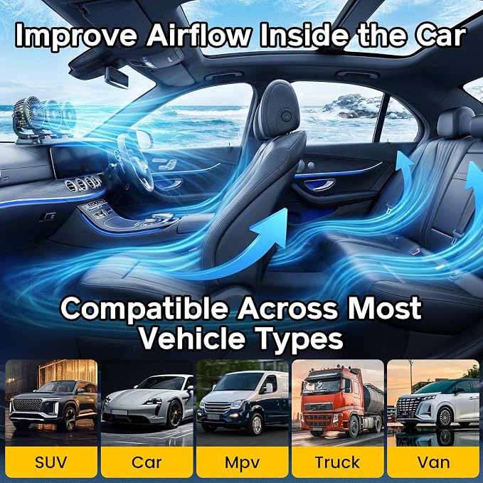 Portable 3-Head Car Cooling Fan, Fans for Vehicles Cars Trucks Dashboard (Cigarette Lighter Plug, No Battery)