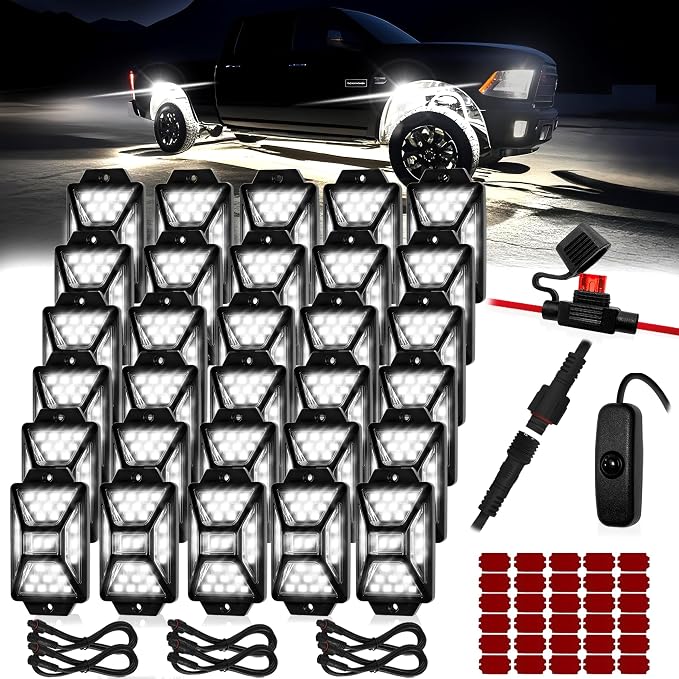 30 Pods Pure White LED Rock Lights Kit with Switch Wiring Harness,6500K 810 LEDs Bright Rock Lights for Trucks,Waterproof Underglow Light for Car Jeep Off Road ATV UTV SUV(Patented)