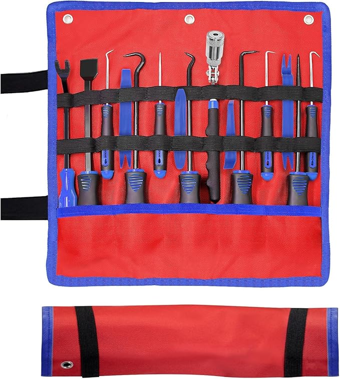 Doaho 15 Pcs Automotive Hook and Pick Tool & Trim Removal Tool Set with Scraper,Magnetic Telescoping,Plastic Pry for Auto Engine Oil Seal O-Ring Repair,Car Interior Panel and Fastener Removal