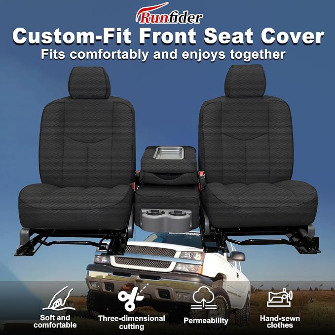 Seat Covers for Chevy Silverado & GMC Sierra 1500 1999 2000 2001 2002 2003 2004 2005 2006 Heavy Duty Cloth Protector Interior Accessories，Waterproof & Machine Washable-Black (Front)
