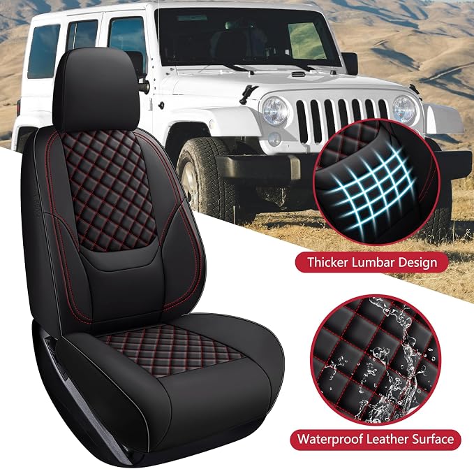 Wrangler Seat Covers 2007-2017 Full Set, Waterproof Leather Interior Sets with Lumbar Support Custom Fit for Jeep Wrangler JK 4 Door Unlimited Sahara/Sport/Rubicon X 392 Willys, Black Red
