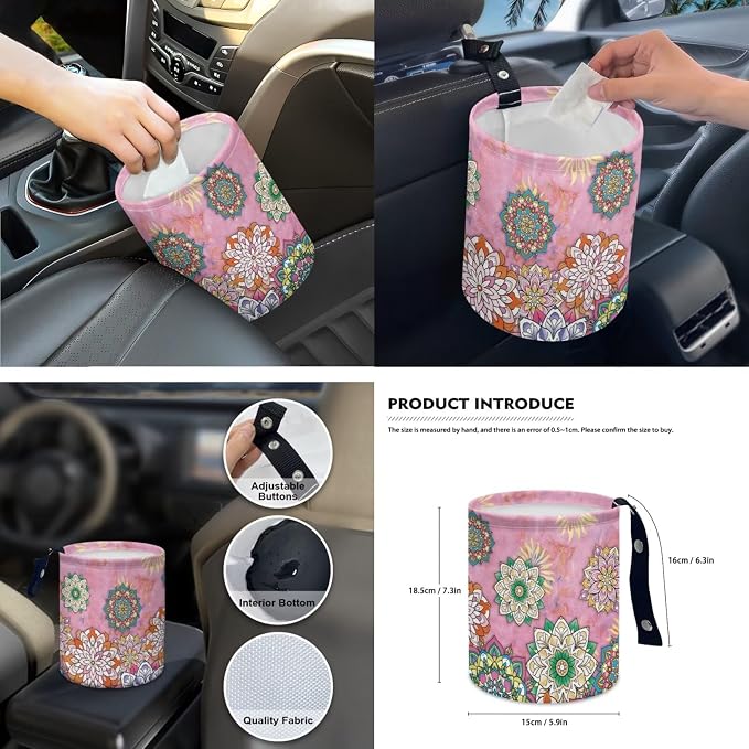 Pink Mandala Car Accessories Auto Seat Covers Full Set of 15 with Steering Wheel Cover, Seat Belt Pads, Trash Can, Coaster, Rearview Mirror Cover, Keychains for SUV Van