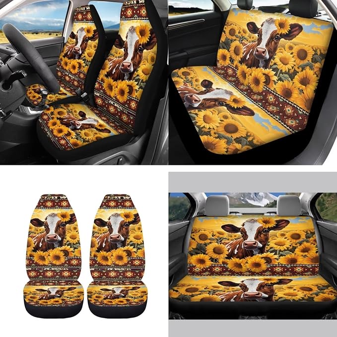 Sunflower Cow Car Seat Covers Full Set 11pcs Cow Car Accessories with Cow Auto Steering Wheel Cover Seatbelt Pads Keychain Cup Holder Pads for Most Vehicle