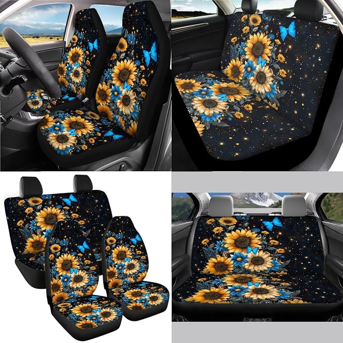 Sunflower Butterfly Daisy Print Car Seat Covers Full Set, Car Accessories Set of 13, Universal Fit Steering Wheel Cover + Safe Belts Cover + Coasters with Notch for Trucks SUV Van