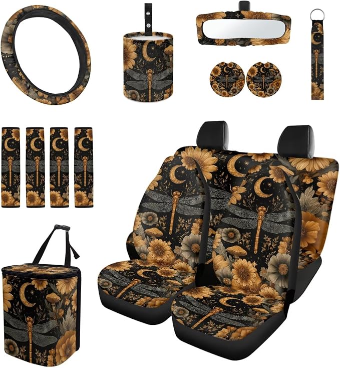 Moon Floral Car Aaccessories Full Set of 15 Pcs, Dragonfly Car Seat Covers Set with Rear View Mirror Cover,Steering Wheel Covers,Car Trash Can with Lid for Women,Universal Fit