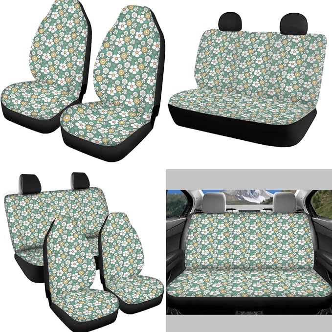 Vintage Groovy Flower Car Seat Covers Set for Women Men,Green 70S 80S Floral Cute Steering Wheel Cover for Cars,Universal Fit Seatbelt Pads Armrest Cushion Keychains