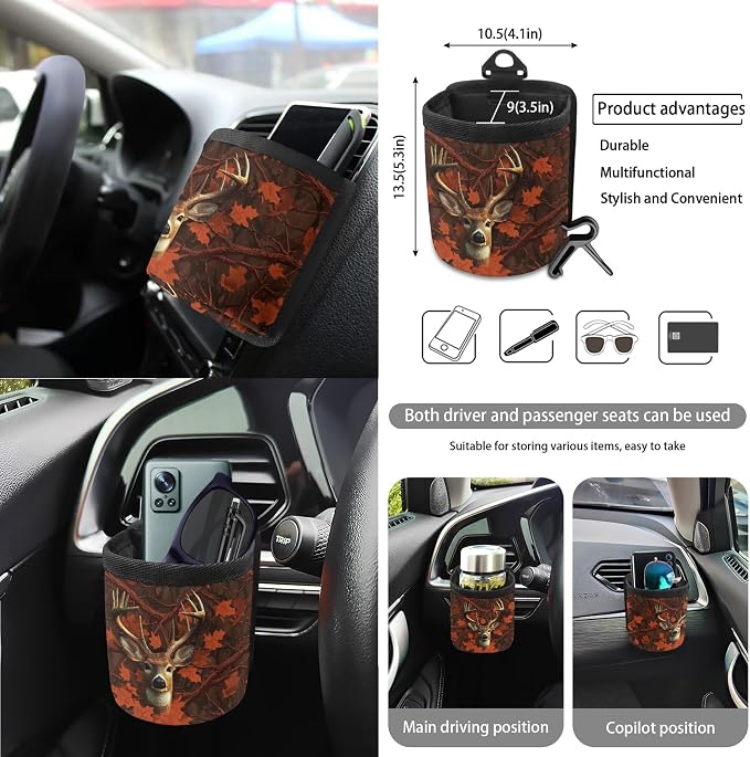 Camo Hunting Deer Print Universal Fit Car Seat Cover Set Steering Wheel Covers Seatbelt Strap Pad Trash Cans Air Vent Storage Bag Rearview Mirror Cover Cup Holder Keychain, 15 PCS