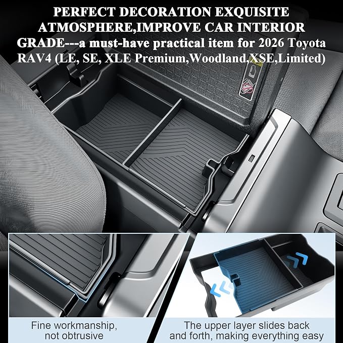 BIBIBO Double Layer for 2026 Toyota RAV4 Center Console Organizer 2026 RAV4 (LE, SE, XLE Premium,Woodland,XSE,Limited) Console Inser Tray Sliding ABS