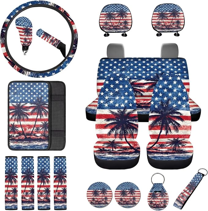 Coconut Tree Print Car Front Rear Seat Covers American Flag Print Car Interior Covers Set Includes Steering Wheel Cover Safety Belt Pads Center Console Pad 250 Year Auto Decor