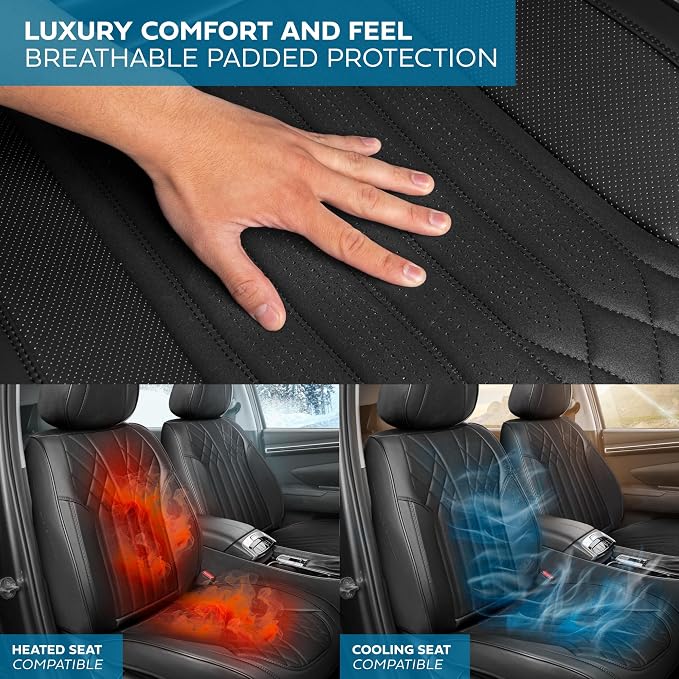 MotorBox Elite Edition Faux Leather & Suede Seat Covers for Cars, Trucks, & SUV - 2 Black Car Seat Covers for Front Seats - Universal Fit Car Accessories Automotive Interior Cover Protector for Cars