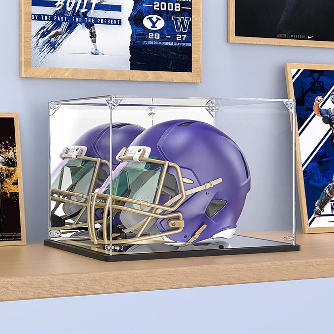 Acrylic Football Helmet Display Case for Full Size Helmets, Clear Memorabilia Display Box with Double Mirrored Back & Base, Dustproof Showcase for Baseball & Motorcycle Helmets, Black Base