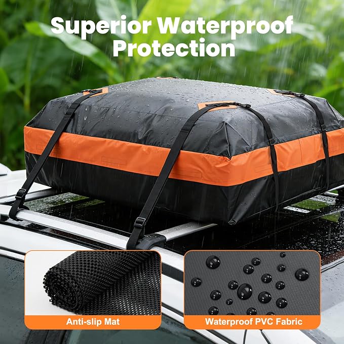 DUMOS Car Rooftop Cargo Carrier 15 Cubic Feet, Car Roof Waterproof PVC Bag | with Anti-Slip Mat, Combination Luggage Lock, Reinforced Straps & Door Hooks, Fit Vehicles with/without Roof Racks