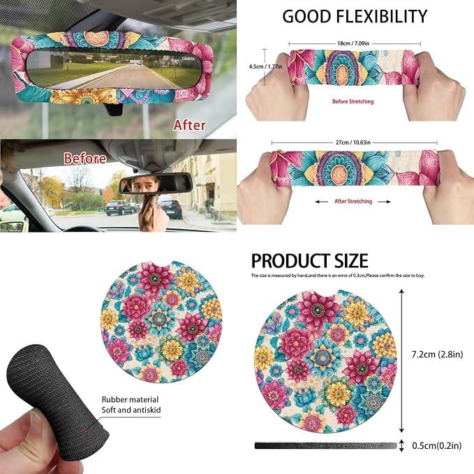 Boho Blossoms 15 PCS Car Seat Cover Set with Auto Steering Wheel Cover Seat Belt Strap Protector Cup Holder Trash Bag Rear View Mirror Protector Keychain