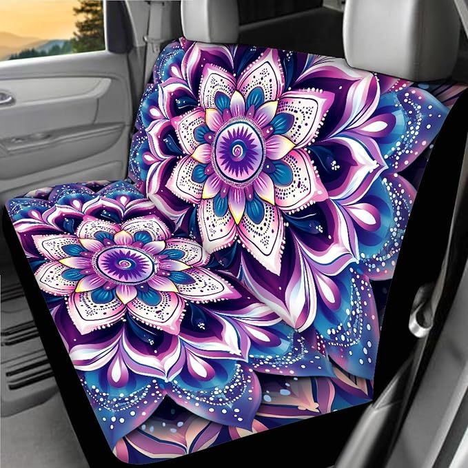 Purple Mandala lotus Car Seat Covers Full Sets 18 Pack Universal Car Interior Accessories Sets Hippie Print Steering Wheel Cover Car Seat Belt Pads Cover Car Headrest Covers Vehicle Trash Bag