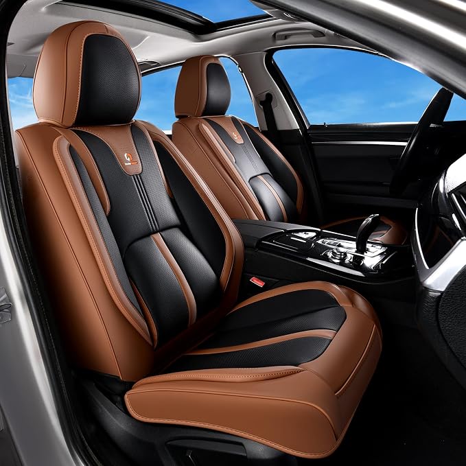 Huidasource Front Seat Covers Luxury Nappa Leather, Driver Seat Cover with Airbag, Front Storage Pocket, Lumbar Support, Cooling＆Heating, Seat Cover Universal Fit for Most Cars SUV Trucks, Brown&Black