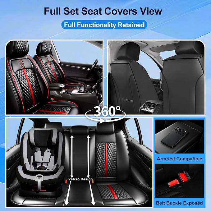 Fit STS Car Seat Covers for Select Cadillac STS 2005-2011 - Premium Full Coverage Leather, Airbag Compatible & Scratch-Resistant, Waterproof & All Weather Seat Protector, Full Set, Red Trim