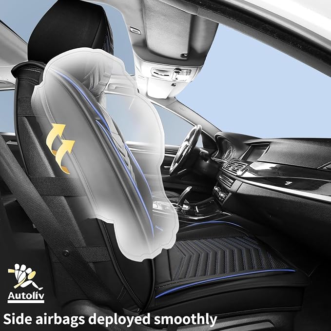 HChengkikz Car Seat Covers, Breathable and Waterproof Leather Seat Covers for Cars, Universal Anti-Slip Driver Seat Cover for Most SUV Pick-up Truck Sedan (2 PCS Front Seat, Black + Blue)