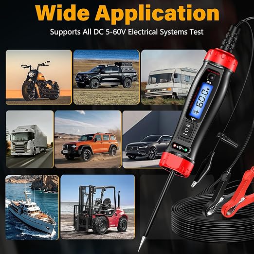 Power Circuit Probe Tester, 5-60V DC LCD Digital Automotive Test Light, Auto Voltage Tester with Voltmeter&Illumination, Car Fuse Relay Component Continuity Frequence Electrical Test Tool