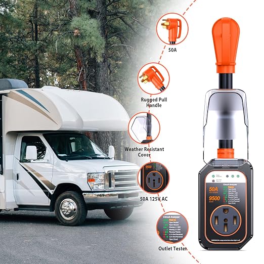 GEARGO RV Surge Protectors 50 Amp Waterproof, [𝟐𝟎𝟐𝟔 𝐍𝐞𝐰 𝐔𝐩𝐠𝐫𝐚𝐝𝐞𝐝] RV Circuit Analyzer, Full Protection RV Adapter Plug for Camper(Orange)