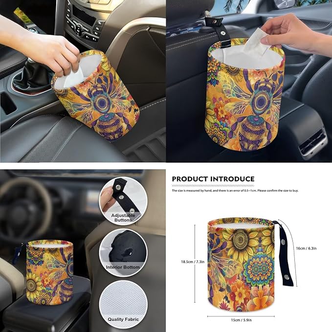Boho Floral Bee Auto Interior Accessories Car Seat Covers with Auto Steering Wheel Cover Seat Belt Covers Car Trash Can View Mirror Cover Coaster Keychains